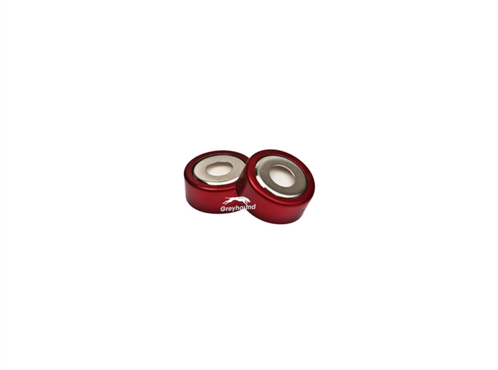 Picture of 20mm Bi-Metallic Crimp Cap, Red, Open 8mm Hole with PTFE/Grey Butyl Septa. 3mm, (Shore A50)